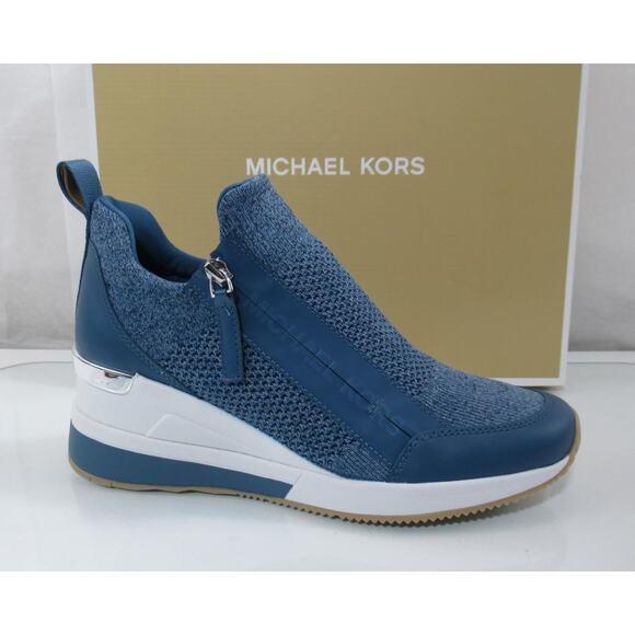 Michael Kors Willis Wedge Trainer Sneakers Zip MK Logo Union Wash Blue Size 8 - Picture 1 of 9